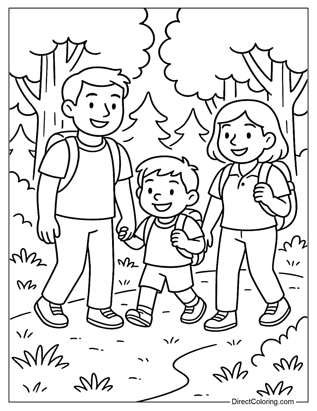 Coloring page of a parent and child walking in the woods, each with a small backpack, laughing happily under the trees